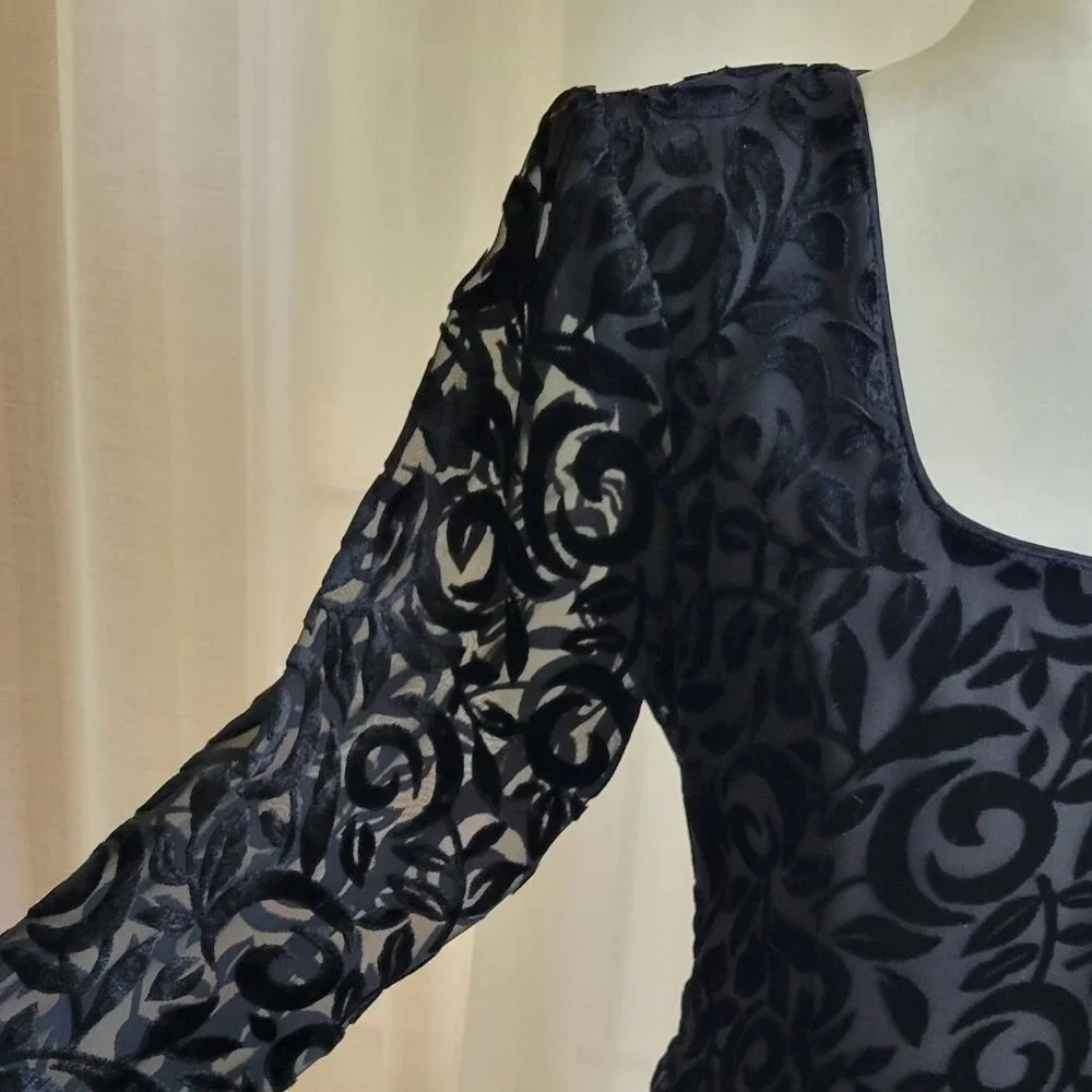 Vintage 90s Black Velvet Burnout Floral Cocktail Dress | Long Sleeve Sheer Y2K
